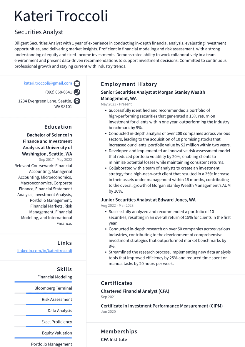 Securities Analyst Resume Example