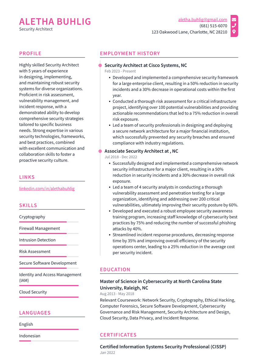 Security Architect Resume Example