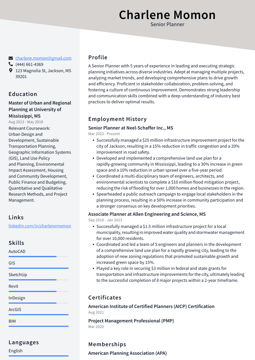 Senior Planner Resume Example