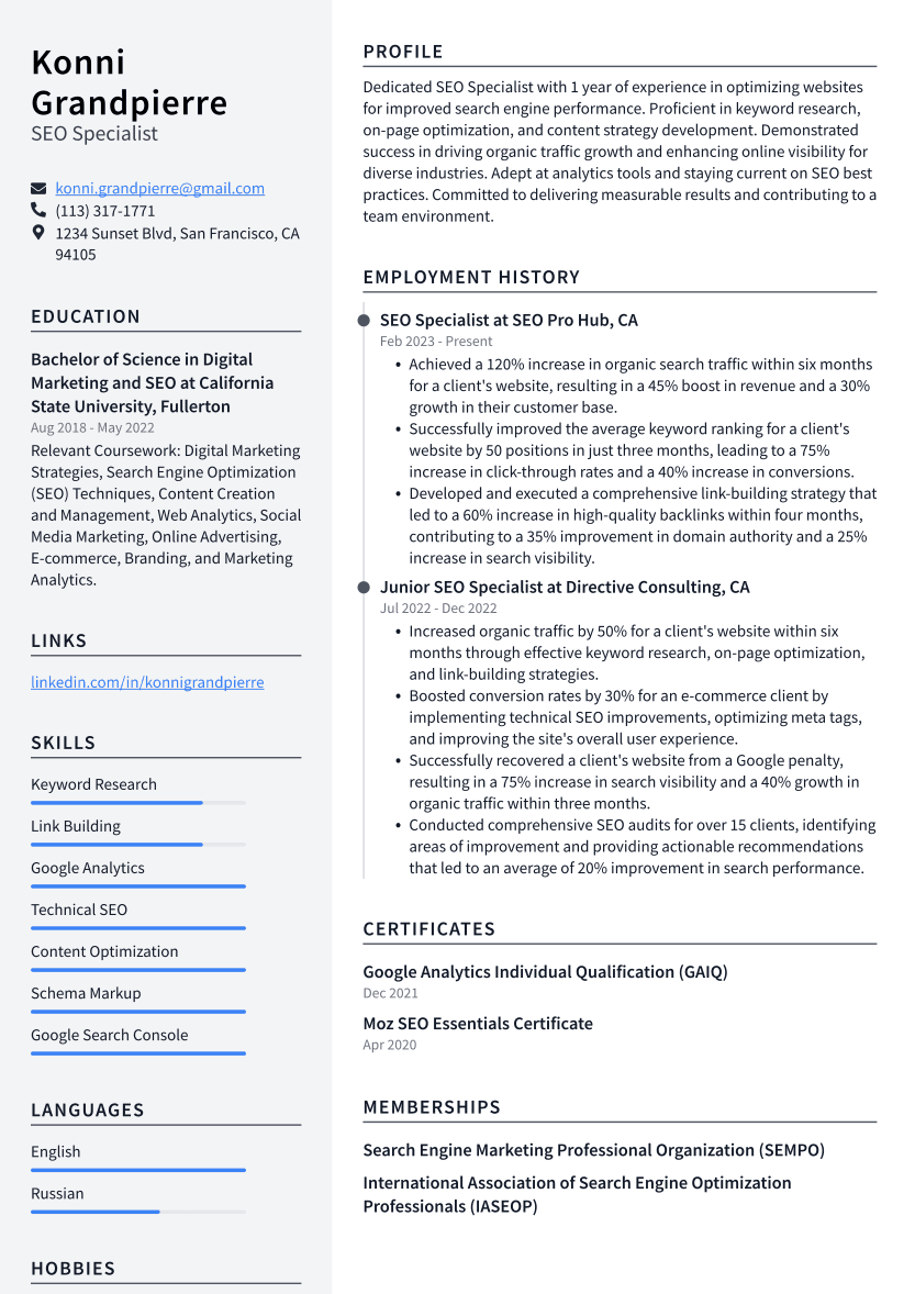 SEO Specialist Resume Example