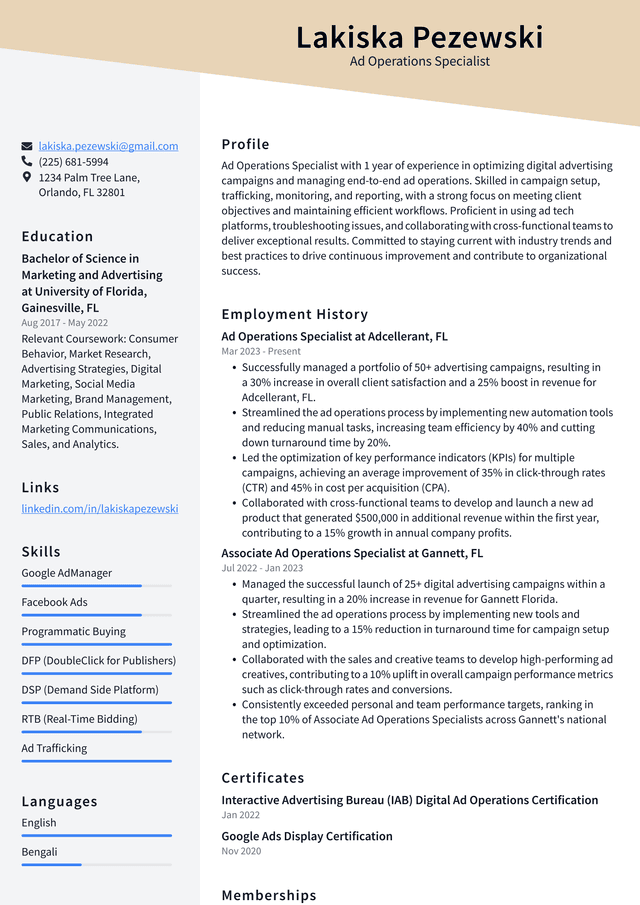 Snapchat Ad Operations Specialist Resume Example