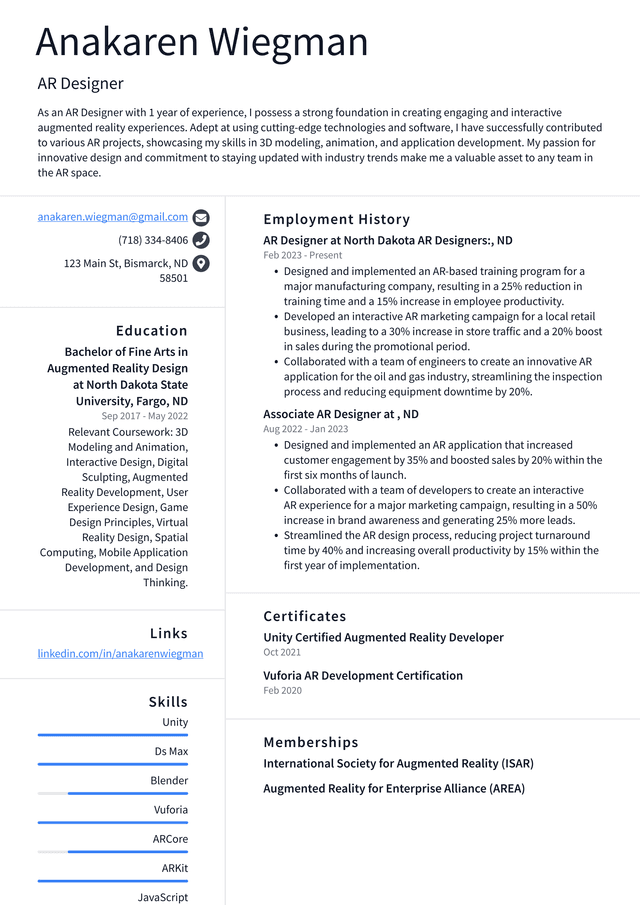 Snapchat AR Designer Resume Example