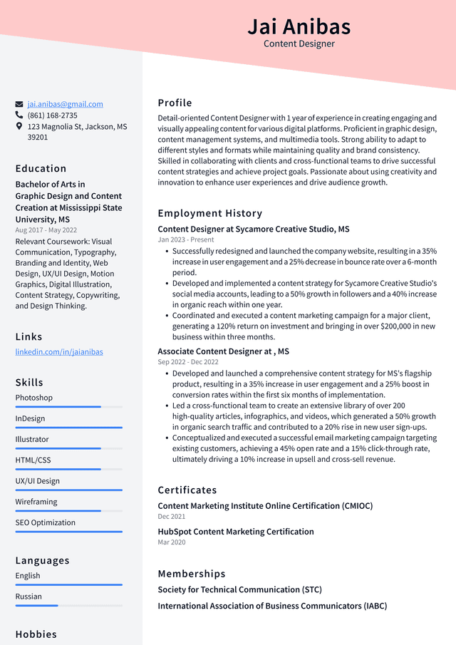 Snapchat Content Designer Resume Example