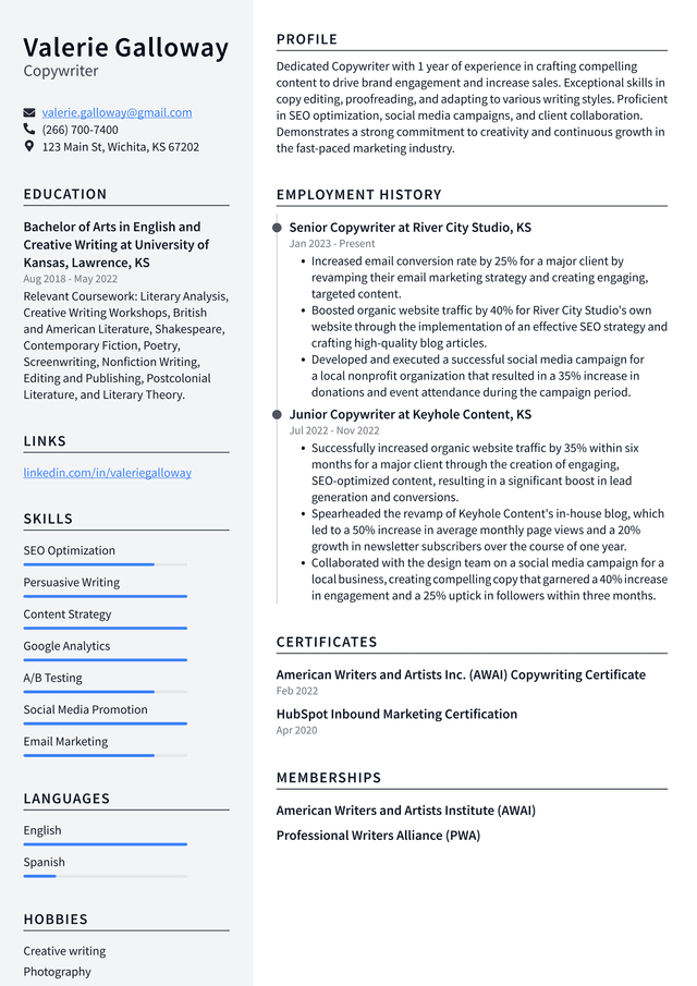 Snapchat Copywriter Resume Example