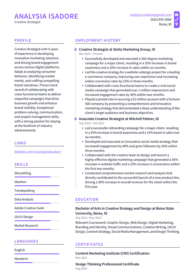 Snapchat Creative Strategist Resume Example