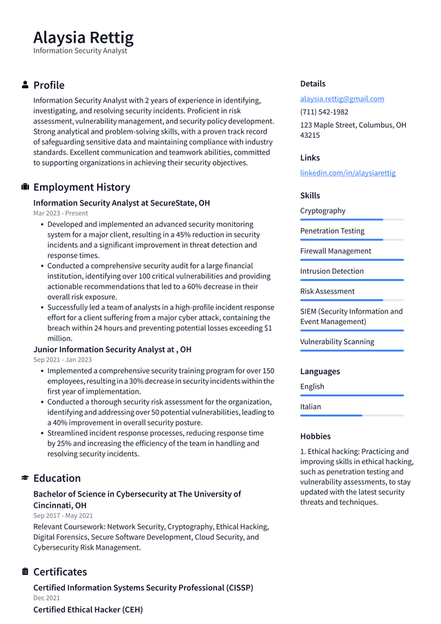 Snapchat Information Security Analyst Resume Example