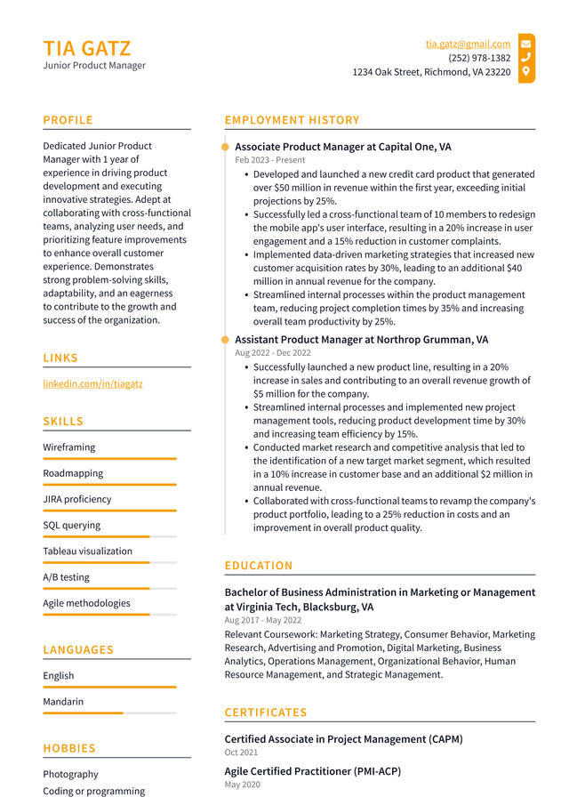 Snapchat Junior Product Manager Resume Example