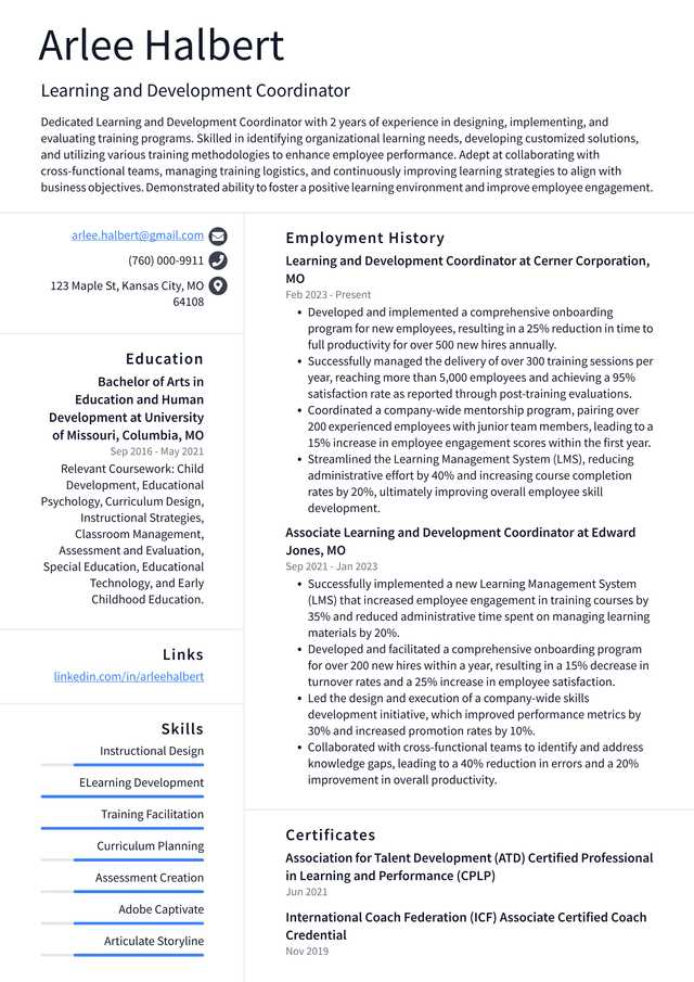 Snapchat Learning and Development Coordinator Resume Example