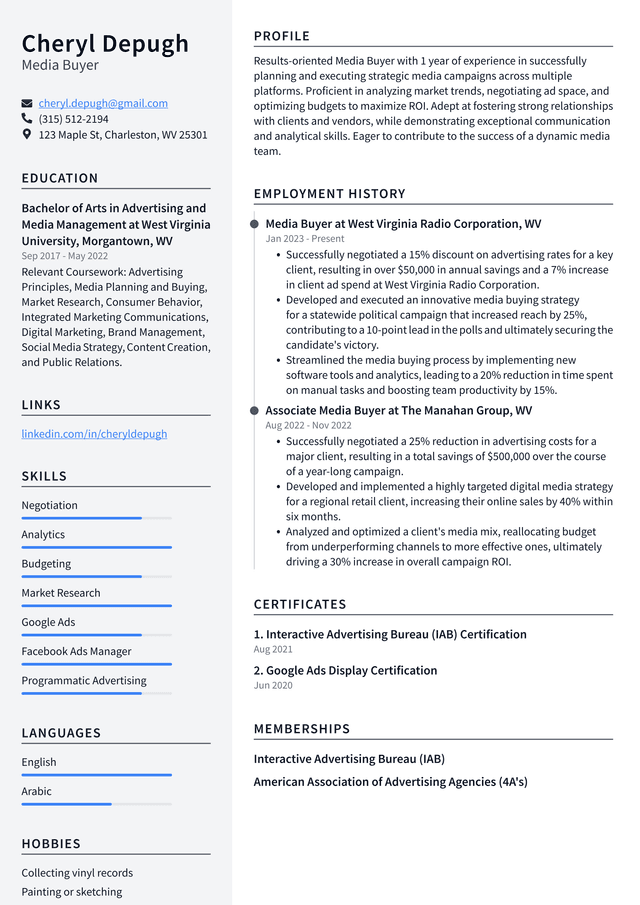 Snapchat Media Buyer Resume Example