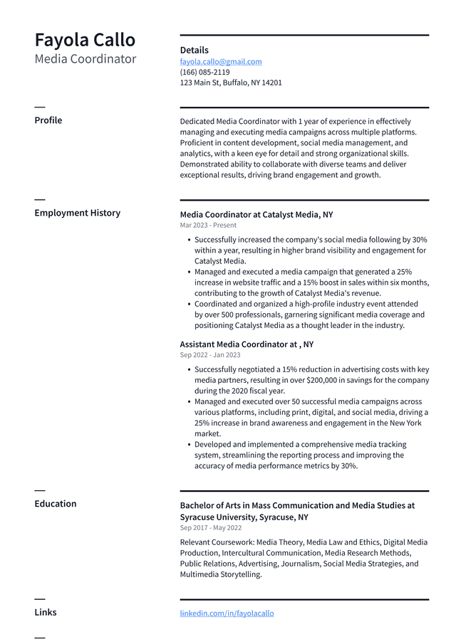 Snapchat Media Coordinator Resume Example