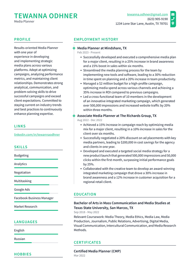 Snapchat Media Planner Resume Example