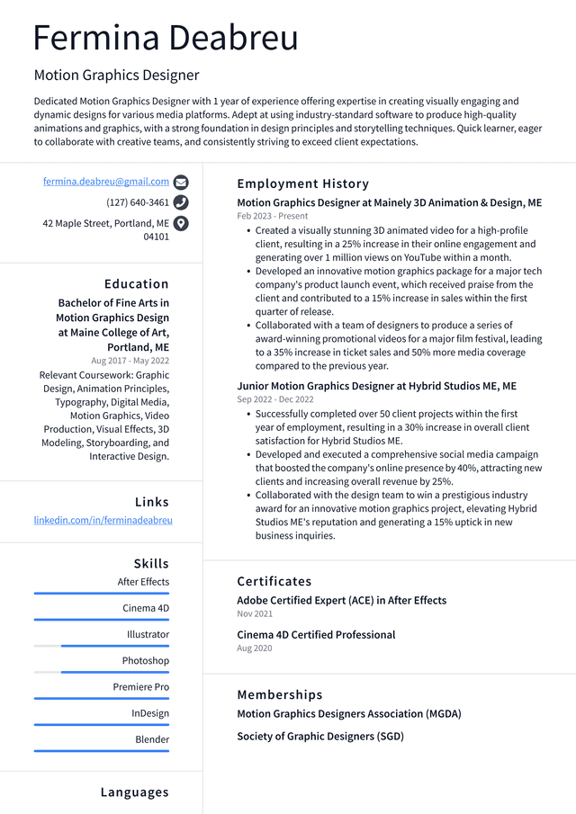 Snapchat Motion Graphics Designer Resume Example