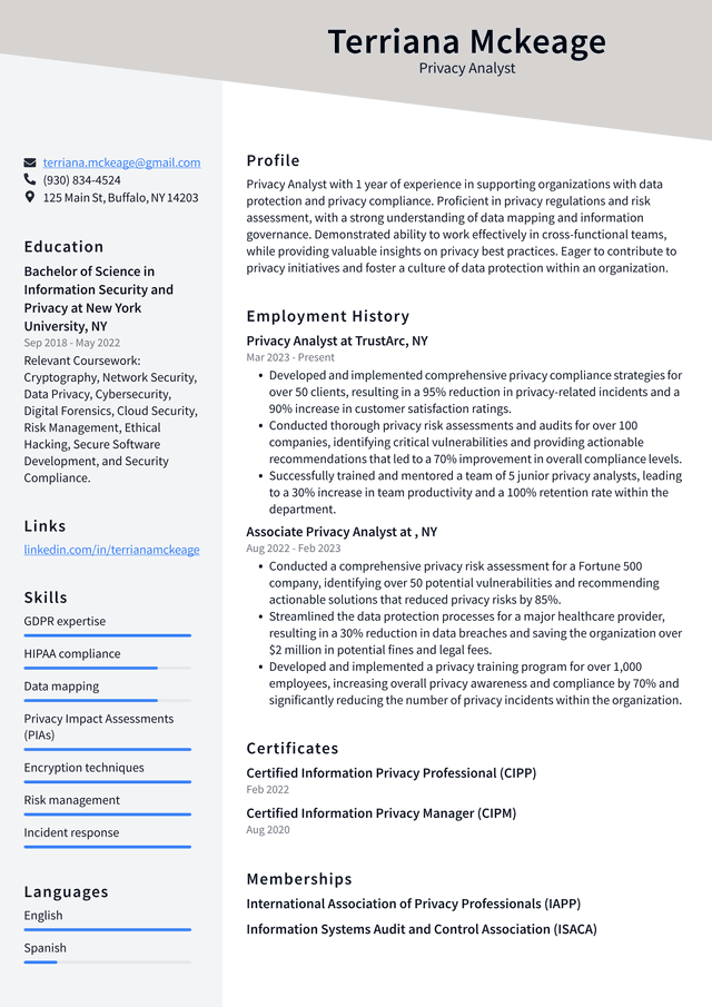 Snapchat Privacy Analyst Resume Example