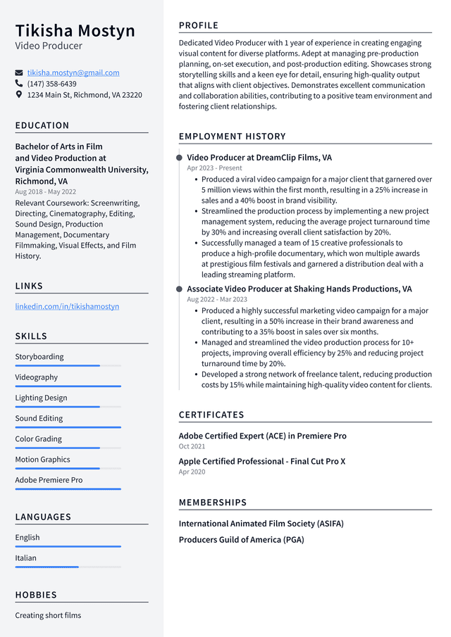 Snapchat Video Producer Resume Example