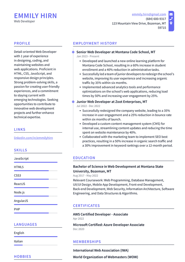 Snapchat Web Developer Resume Example