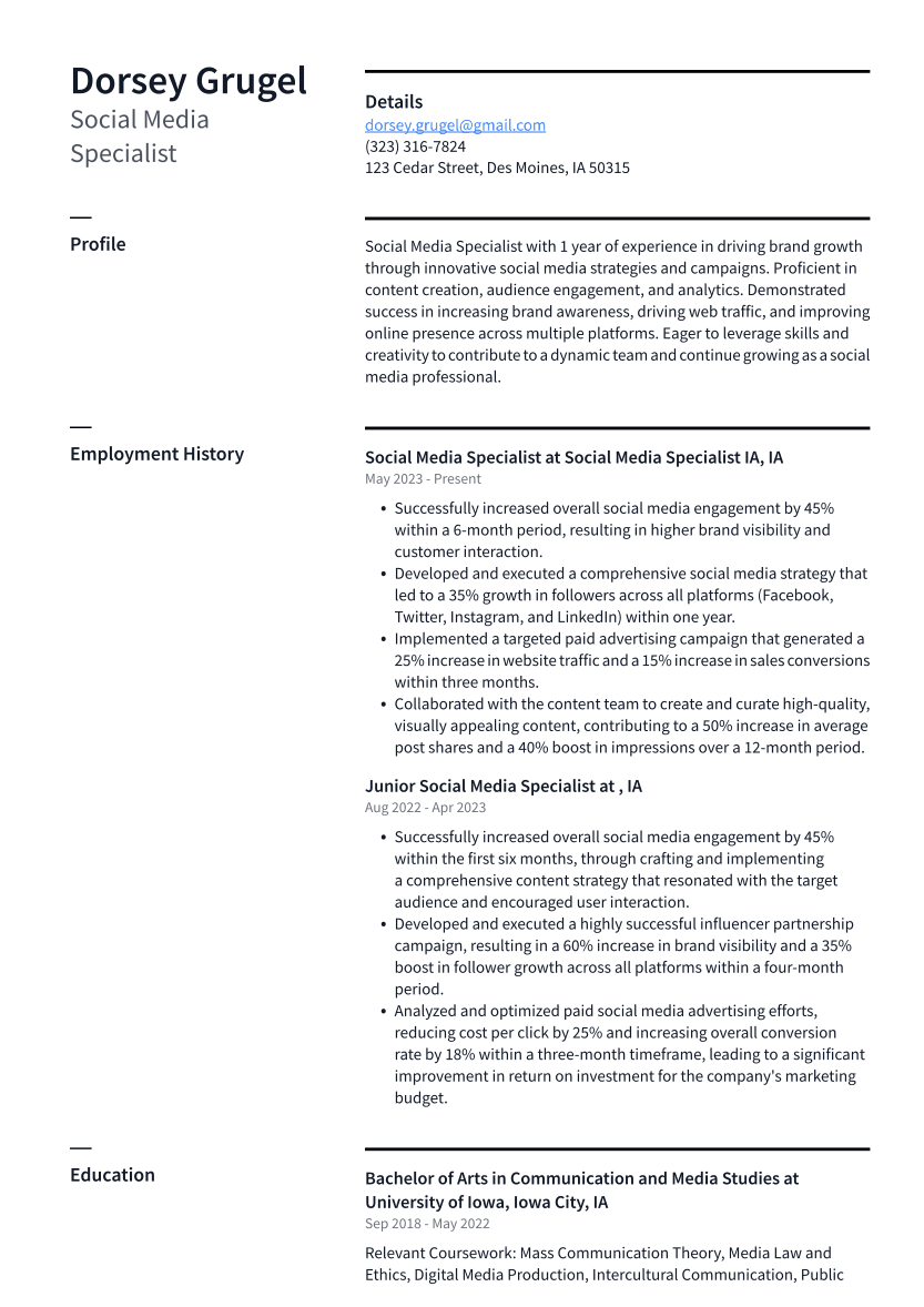 Social Media Specialist Resume Example