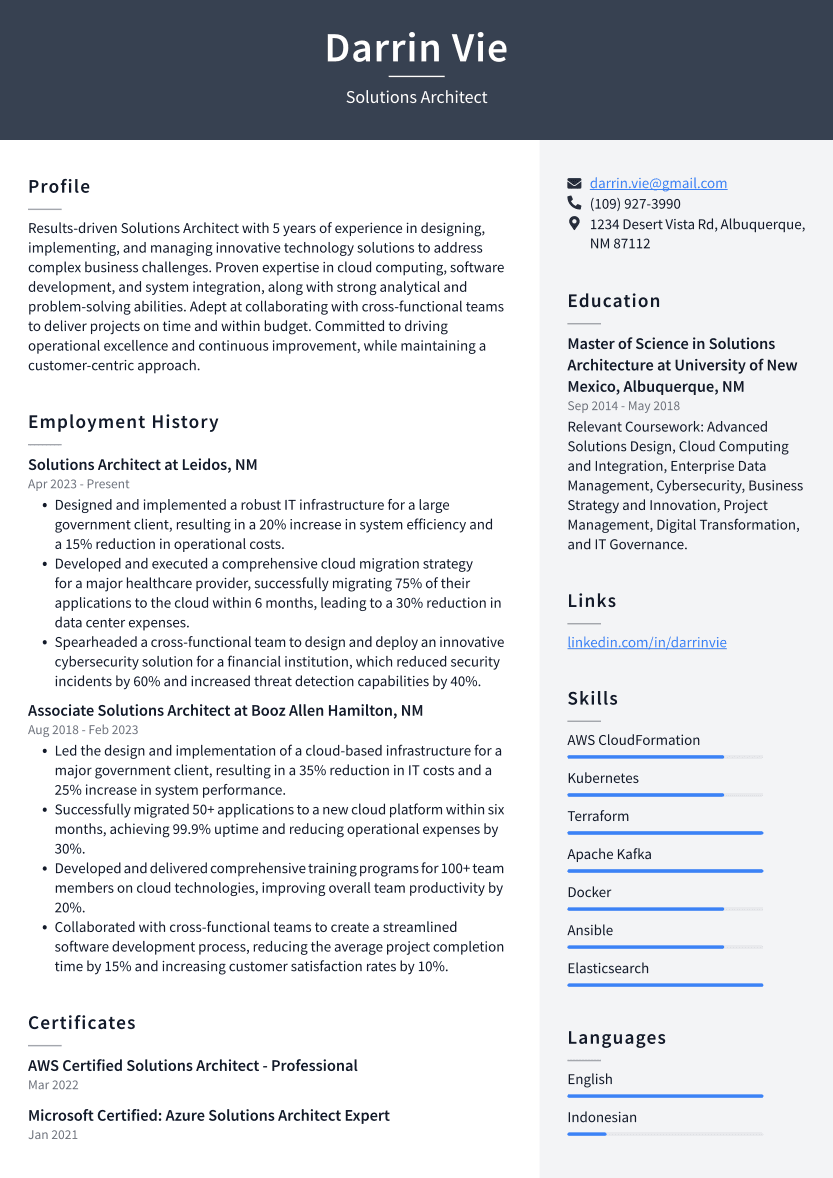 Solutions Architect Resume Example