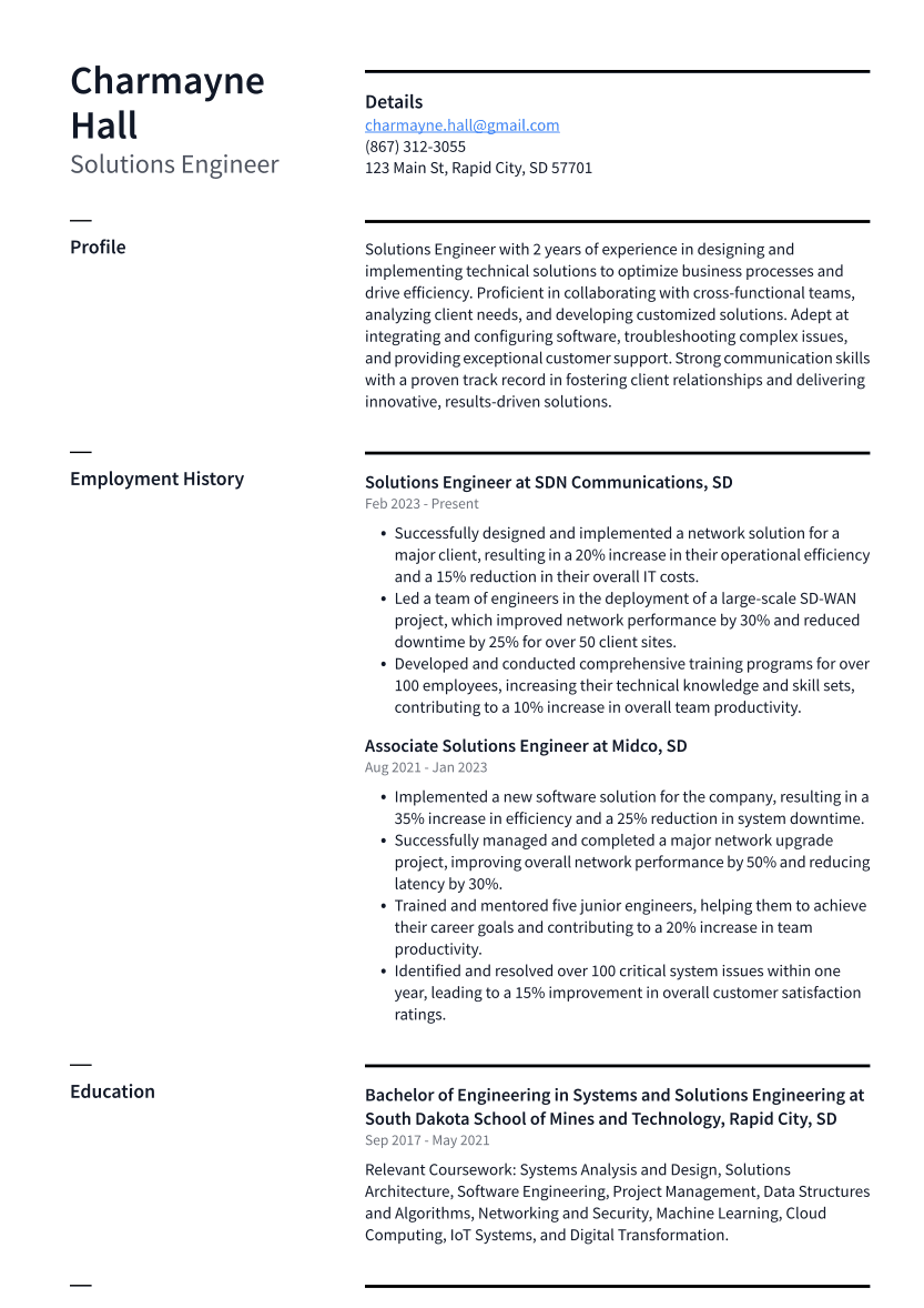 Solutions Engineer Resume Example