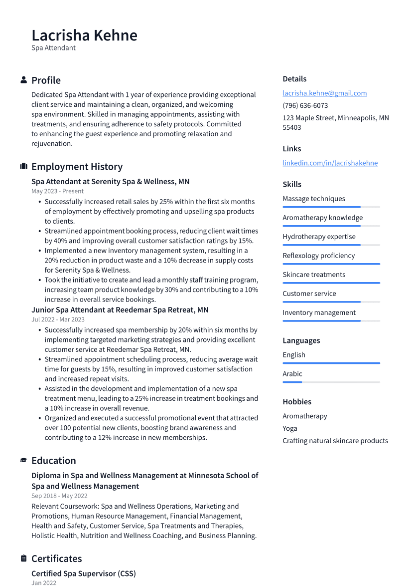 Spa Attendant Resume Example