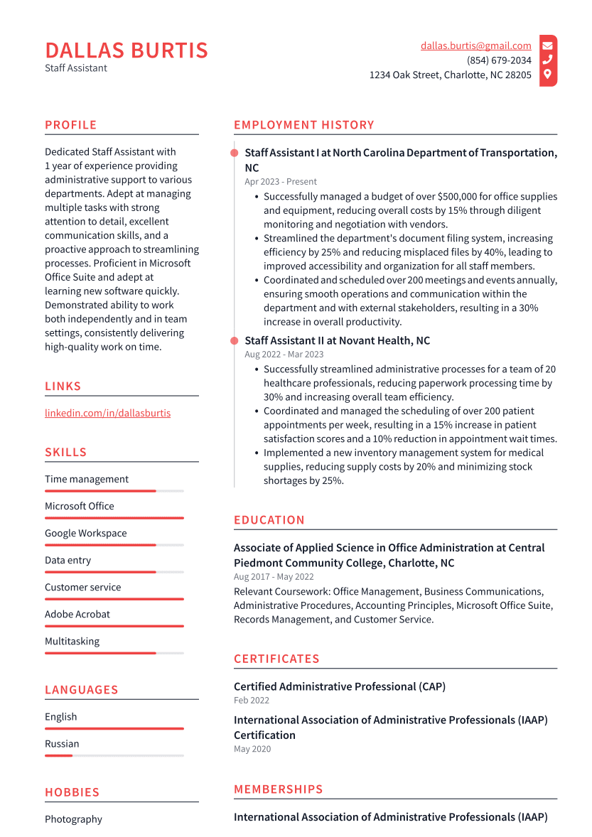 Staff Assistant Resume Example