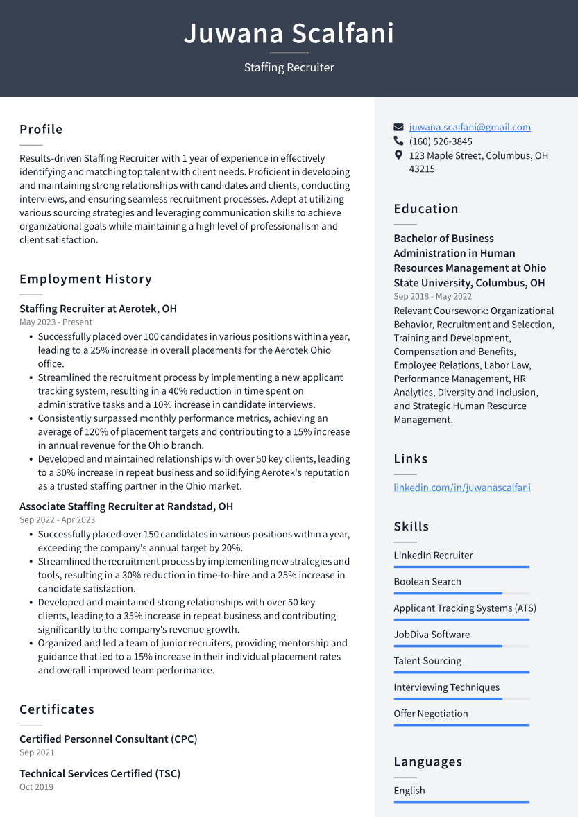 Staffing Recruiter Resume Example