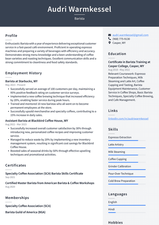 Starbucks Barista Resume Example