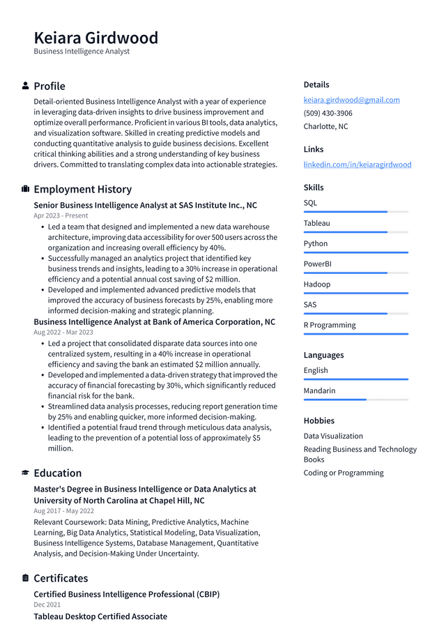 Starbucks Business Intelligence Analyst Resume Example