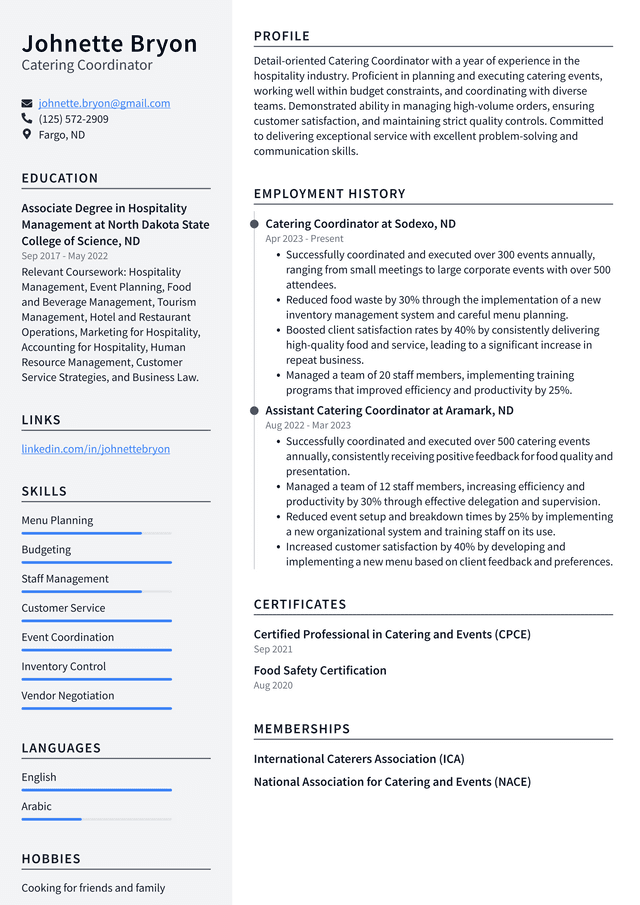 Starbucks Catering Coordinator Resume Example