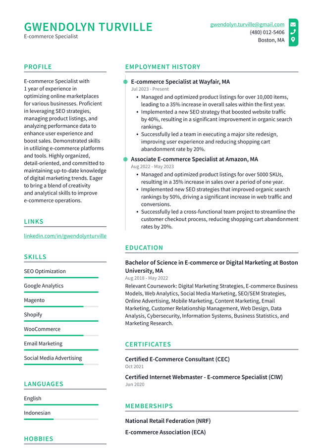 Starbucks E-commerce Specialist Resume Example