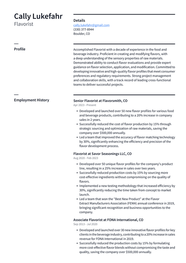 Starbucks Flavorist Resume Example