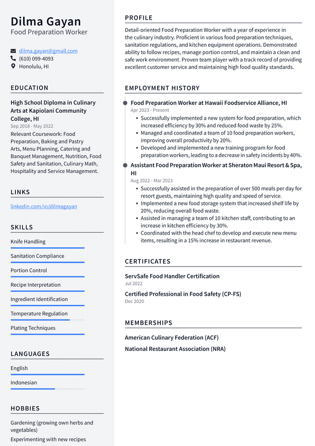 Starbucks Food Preparation Worker Resume Example