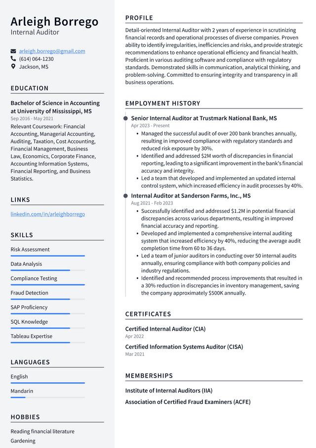 Starbucks Internal Auditor Resume Example