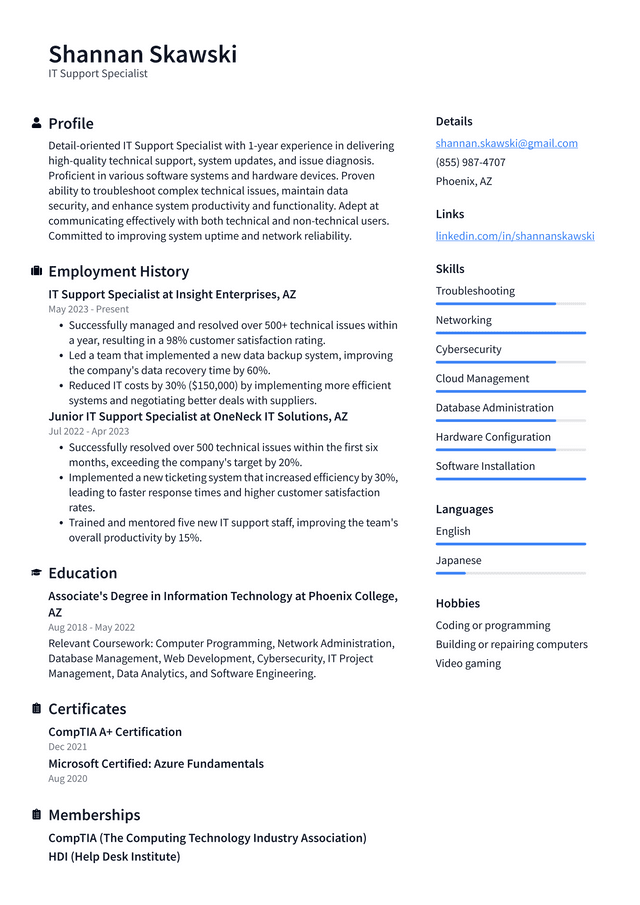 Starbucks IT Support Specialist Resume Example