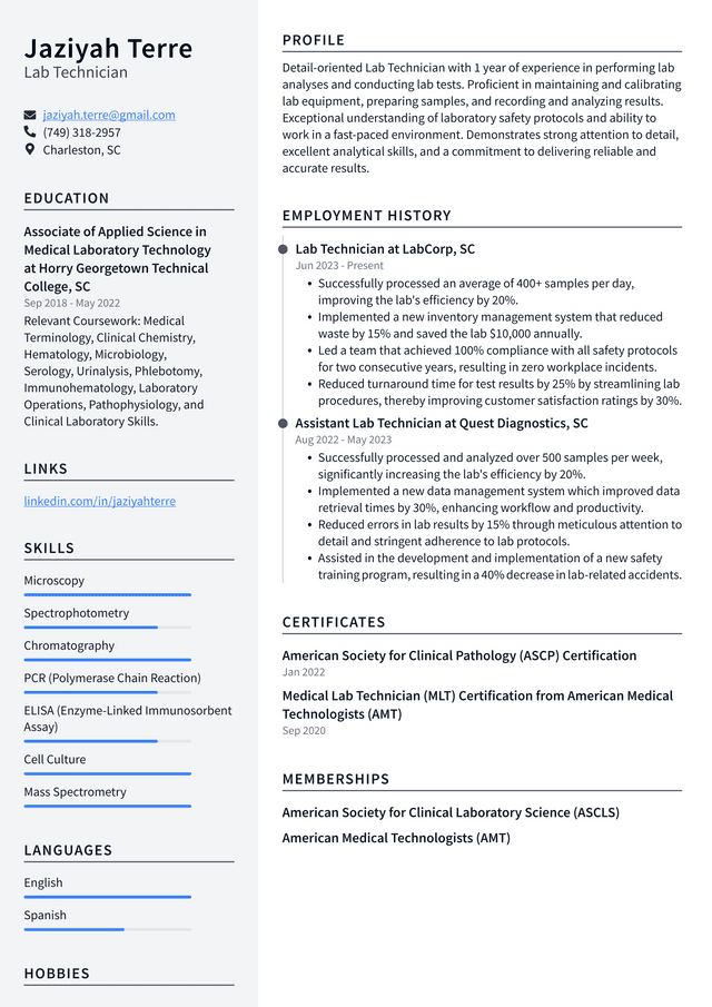 Starbucks Lab Technician Resume Example