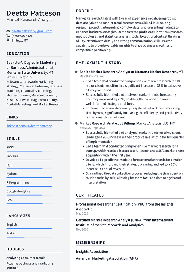 Starbucks Market Research Analyst Resume Example