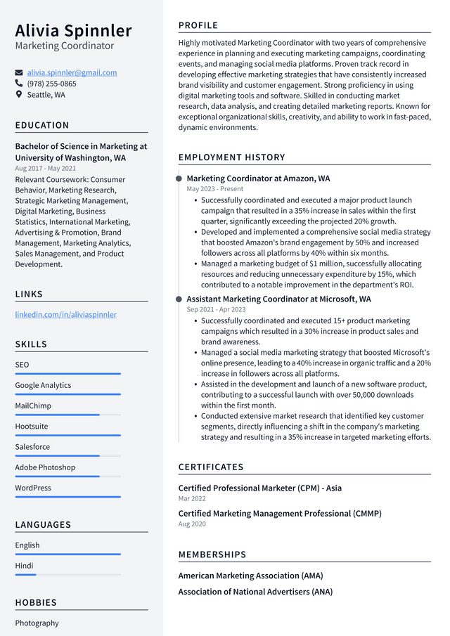 Starbucks Marketing Coordinator Resume Example