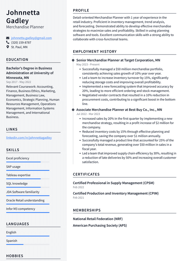 Starbucks Merchandise Planner Resume Example