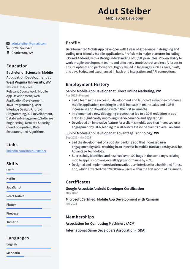 Starbucks Mobile App Developer Resume Example