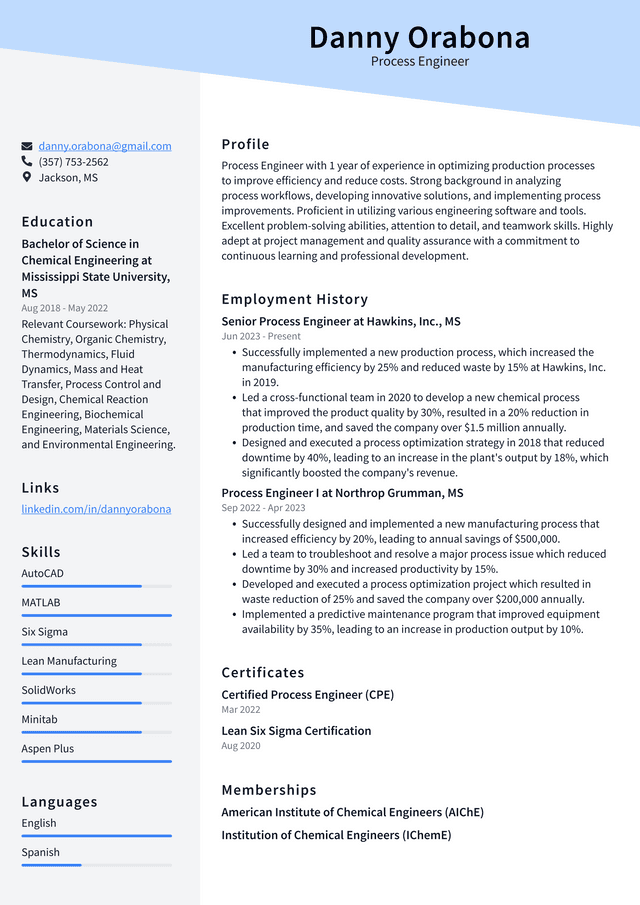 Starbucks Process Engineer Resume Example