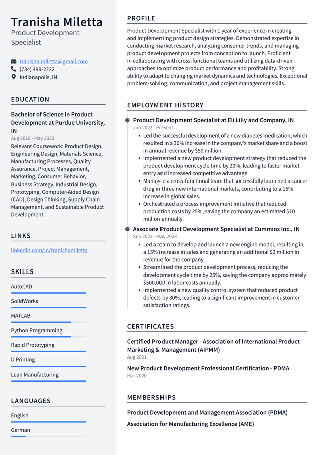 Starbucks Product Development Specialist Resume Example