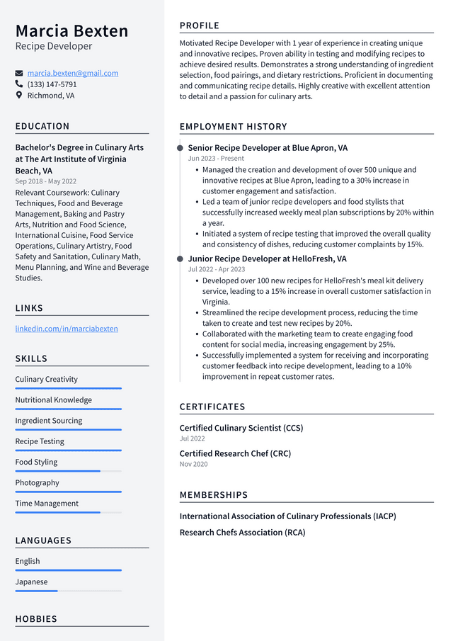 Starbucks Recipe Developer Resume Example