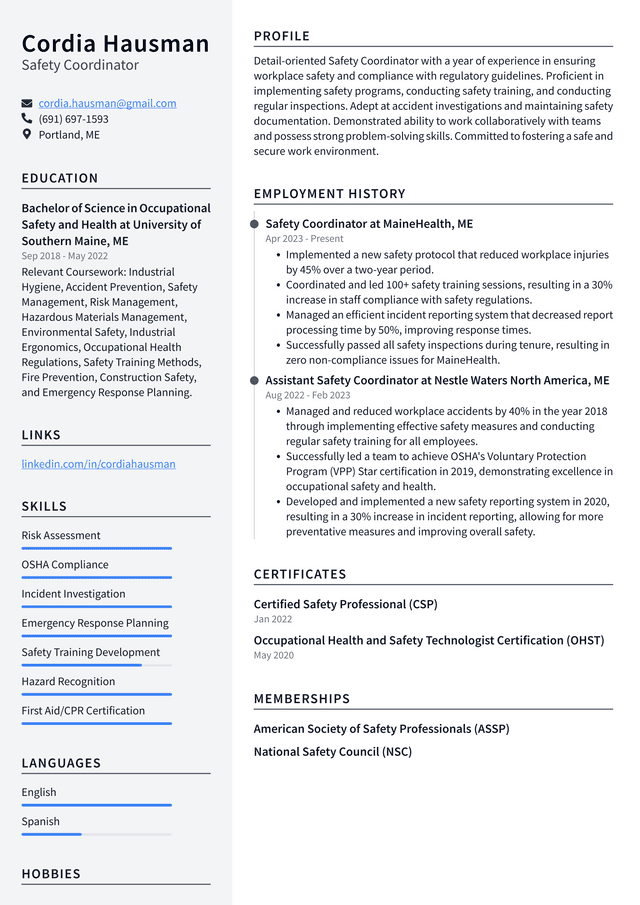 Starbucks Safety Coordinator Resume Example