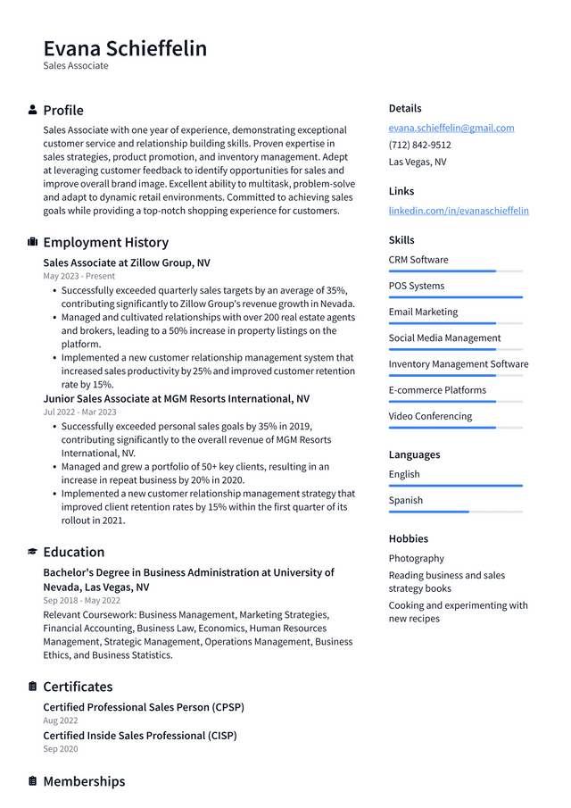 Starbucks Sales Associate Resume Example