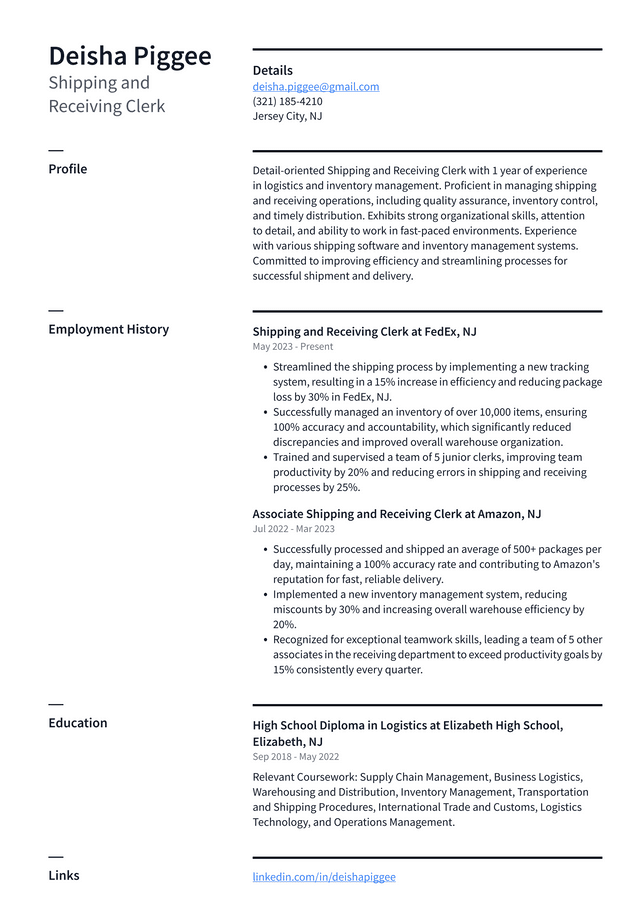 Starbucks Shipping and Receiving Clerk Resume Example