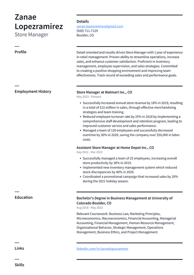 Starbucks Store Manager Resume Example