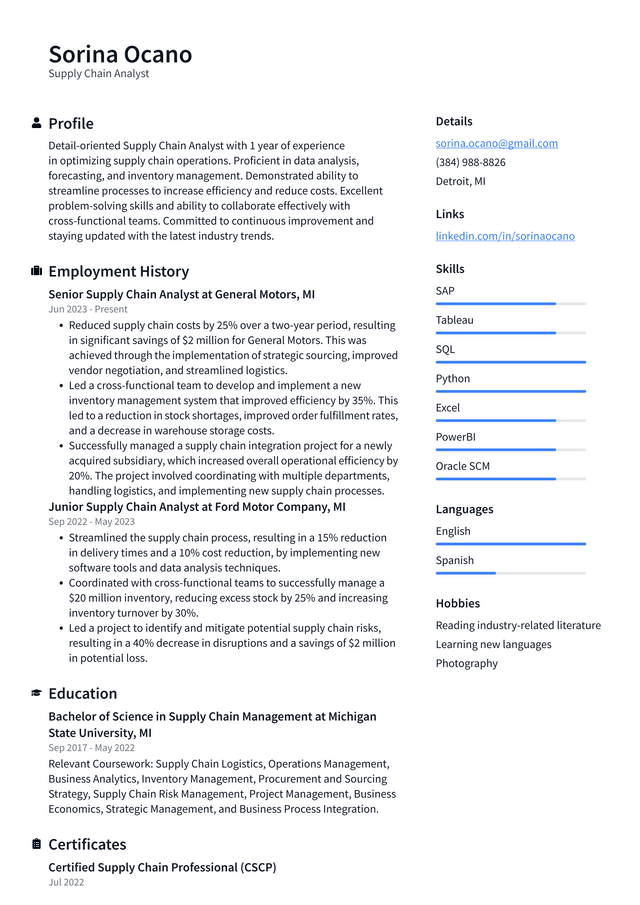 Starbucks Supply Chain Analyst Resume Example