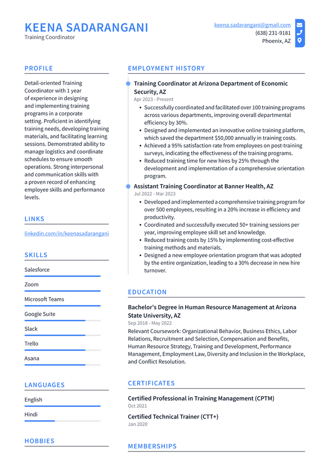 Starbucks Training Coordinator Resume Example