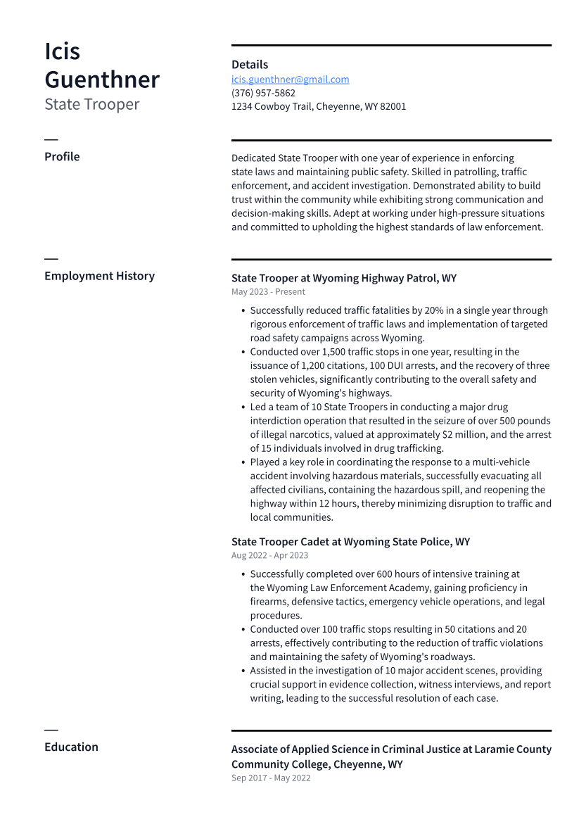 State Trooper Resume Example