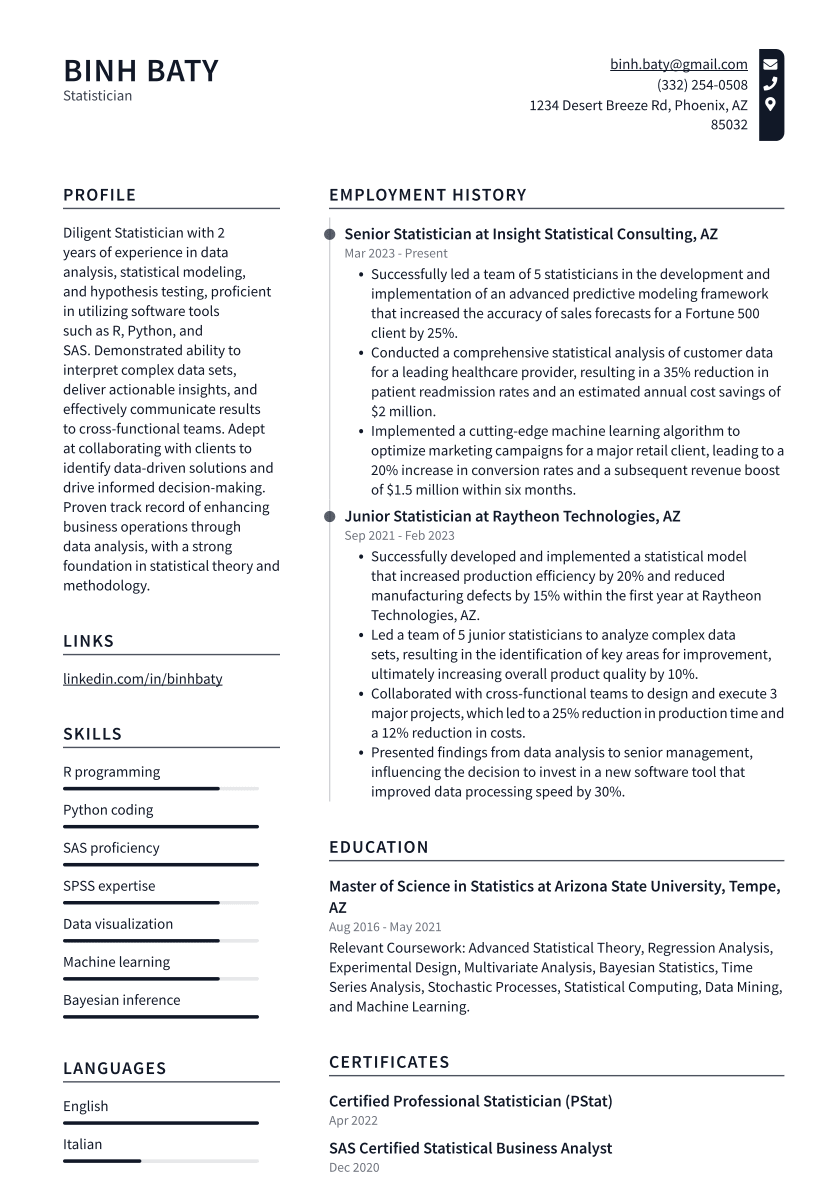 Statistician Resume Example