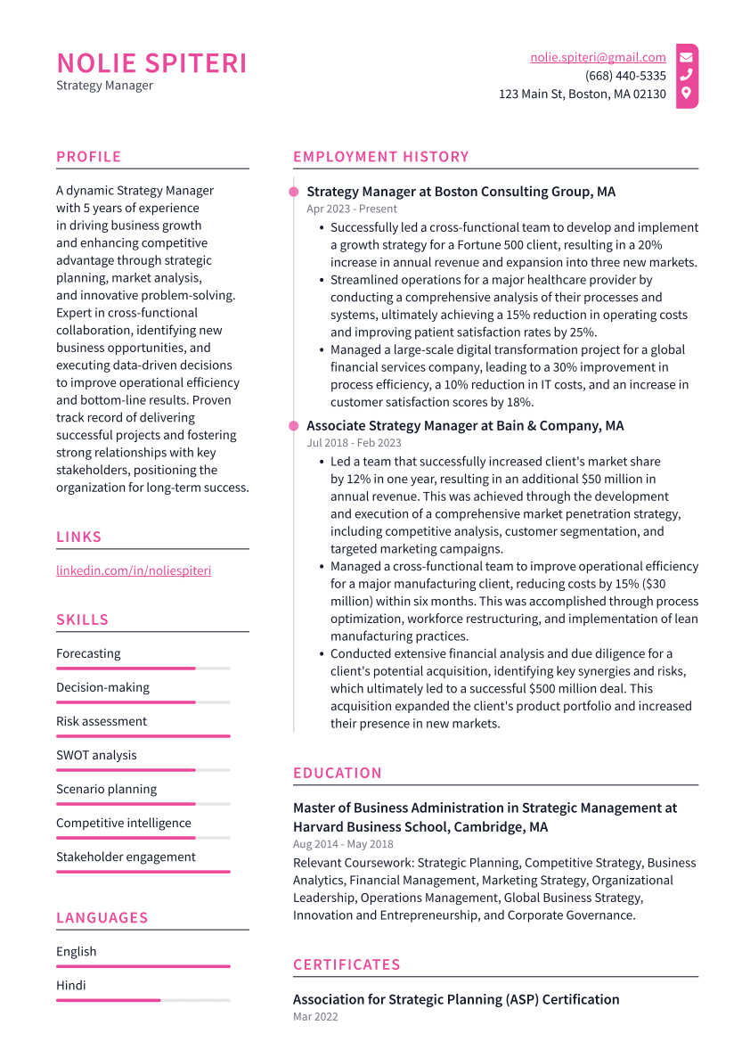 Strategy Manager Resume Example